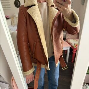 Rebecca Minkoff Sienna Tan Leather Moto Jacket with Cream Shearling